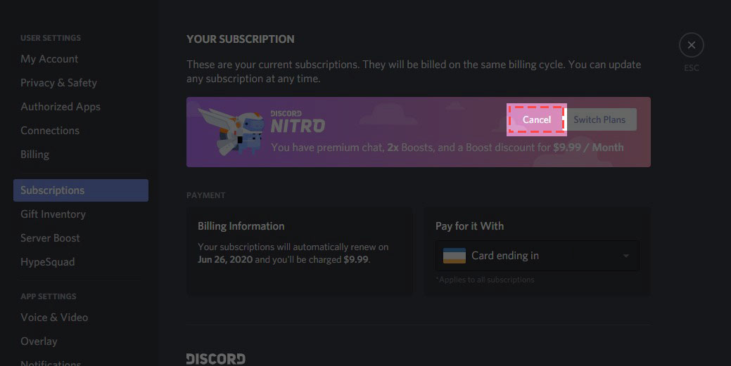 how to cancel discord nitro subscription